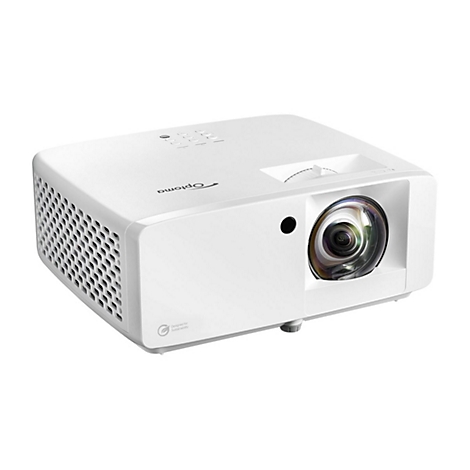 Projecteur Optoma blanc. Visibles, lentille, grille de ventilation, commandes et symbole de durabilité.
