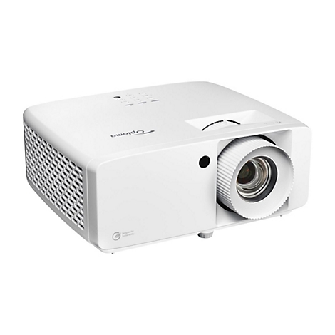 WeiÃŸer Optoma-Projektor mit Linse und LÃ¼ftungsschlitzen auf hellem Hintergrund.