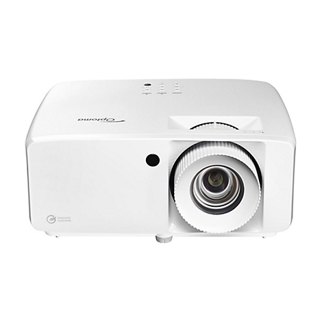 WeiÃŸer Optoma-Projektor. Objektiv und Bedienelemente sind deutlich zu sehen.