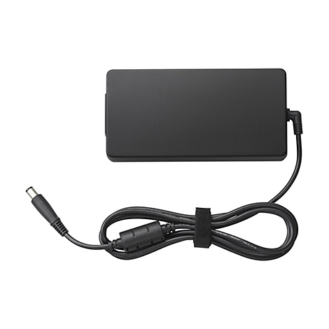 Schwarzes Laptop-Netzteil mit Kabel, das mit Klettverschluss befestigt ist.