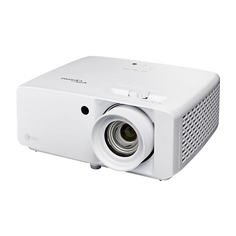 Projecteur Optoma blanc, vue détaillée de l'objectif avec les détails du zoom et le logo de l'entreprise.