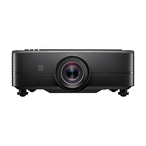 Projecteur noir, vue de face, objectif en focus, détaillé.