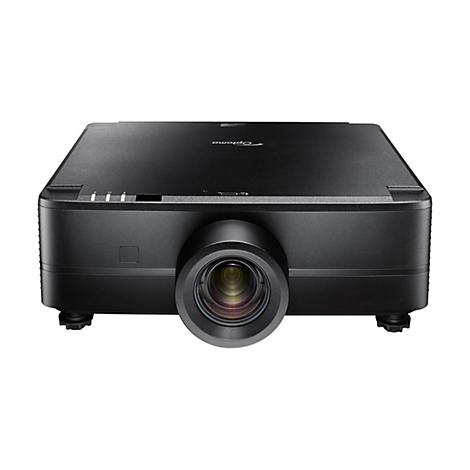 Projecteur Optoma noir, vue de face, objectif en focus.