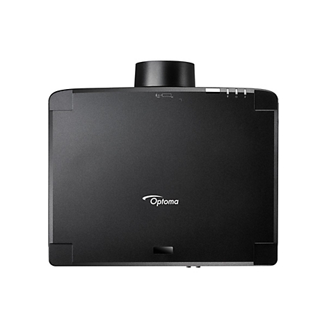 Projecteur Optoma noir, vue de dessus. Des indicateurs et une lentille sont sur le dessus. Le logo Optoma est en bas à droite.