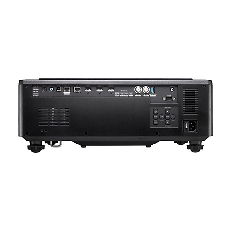 Arrière d'un projecteur noir avec des ports, des boutons et des grilles d'aération sur fond blanc.