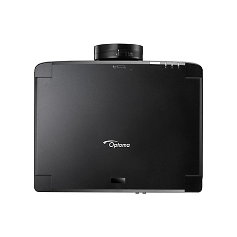 Schwarzer Optoma-Projektor. Oberhalb befindet sich ein Objektiv mit Steuerungselementen, darunter die Marke Optoma.