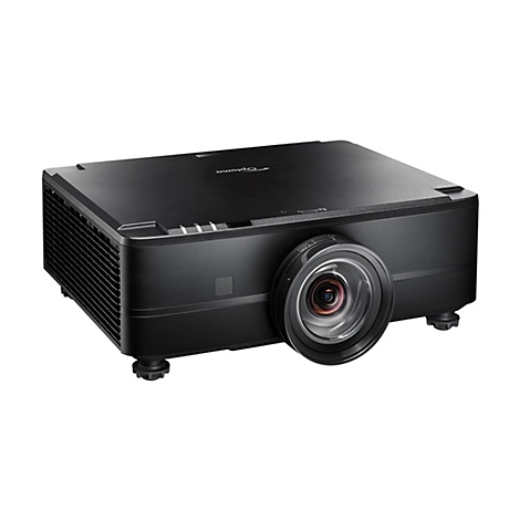 Schwarzer Projektor, schräg von vorne fotografiert, vor weißem Hintergrund. Aufschrift „Optoma“.
