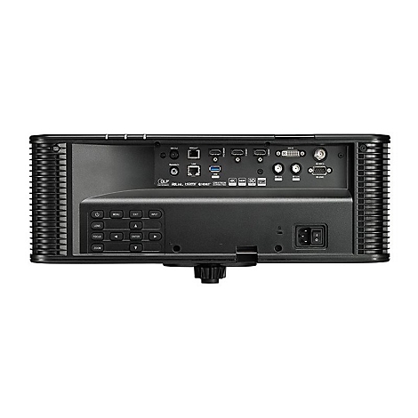 Arrière d'un projecteur noir avec ports, boutons et fentes de ventilation.