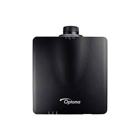 Schwarzer Optoma-Projektor, quadratisch, Objektiv oben, Optoma-Logo unten. Drei Kontrollleuchten.