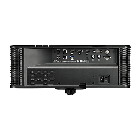 Nahaufnahme der Rückseite eines schwarzen Projektors, mit verschiedenen Anschlüssen, Knöpfen und einem Netzschalter.