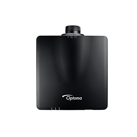 Schwarzer Projektor, Optoma-Logo. Oben Objektiv, darunter Bedienelemente und Statusanzeigen.
