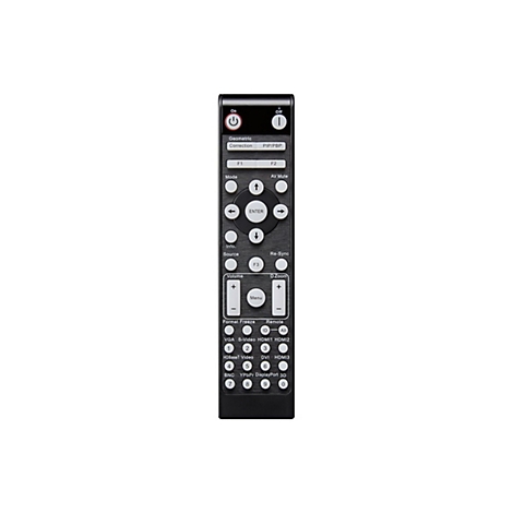 Schwarze Fernbedienung mit vielen Knöpfen, beschriftet mit Funktionen wie 'On', 'Off', 'HDMI1', 'HDMI2', 'Volume', und Pfeiltasten.