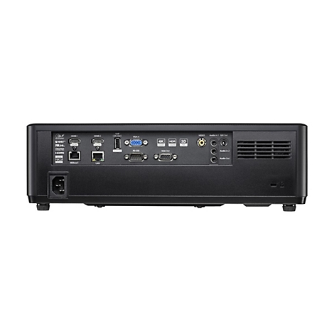 Schwarzer Projektor mit Anschlüssen, Beschriftungen und Lüftungsschlitzen. Rückseite, Details wie HDMI, LAN, Audioausgang, USB und Stromanschluss.