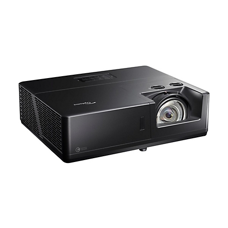 Projecteur Optoma noir sur fond blanc. Objectif et fentes d'aération bien visibles.