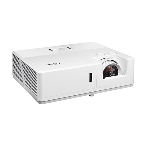 Weißer Projektor mit Objektiv, Reglern und Marke "Optoma".