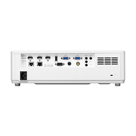 Rückseite eines weißen Projektors mit verschiedenen Anschlüssen und Schnittstellen. HDMI, VGA, USB, Audioeingänge und -ausgänge sind deutlich beschriftet.