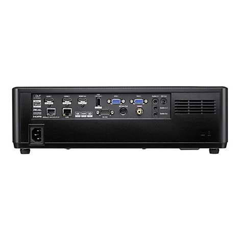 Rückseite eines schwarzen Projektors mit zahlreichen Anschlüssen: HDMI, VGA, USB, Audio, LAN und Stromanschluss.