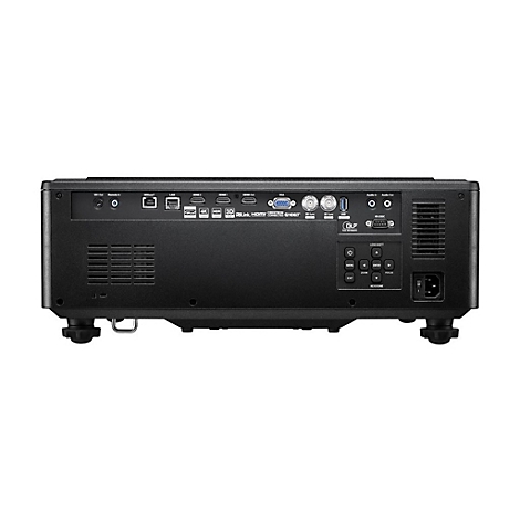 Schwarzer Projektor-Rückseite mit Anschlüssen, Knöpfen und Lüftungsschlitzen. Text: HDMI, 4K, HDR, RLink.