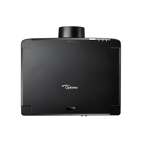 Vue de dessus d'un projecteur noir avec le logo Optoma. En haut se trouvent des connecteurs, des lumières et un objectif.