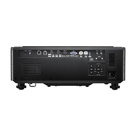Vue arrière d'un projecteur noir avec des connexions dont HDMI, VGA et USB. Les éléments de contrôle et l'entrée d'alimentation sont également visibles.