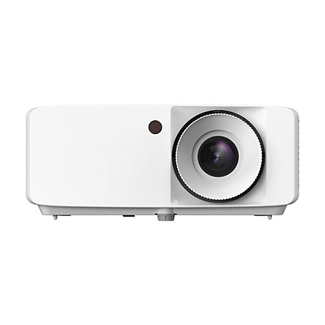 Projecteur blanc avec objectif, bouton marron et fond blanc.