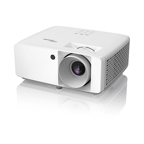 Projecteur Optoma blanc, lentille, grille de ventilation, sur une surface brillante.