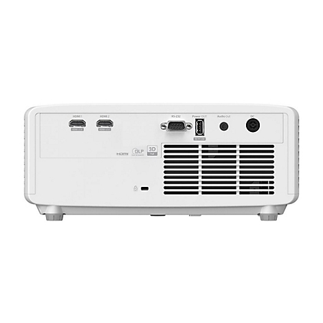 Rückseite eines weißen Projektors mit Anschlüssen für HDMI, Strom, Audio und RS-232.