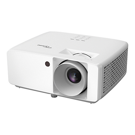 Ein weißer Optoma-Projektor. Der Projektor hat eine Linse mit gewelltem Rand. Auf der Oberseite sind Knöpfe.