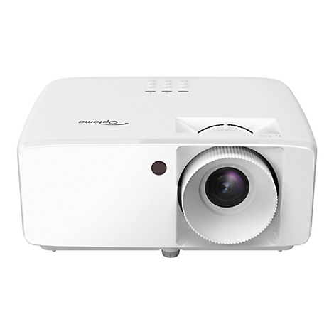 Weißer Projektor mit Optoma-Logo. Objektiv, Bedienknöpfe und Einstellrad sichtbar.
