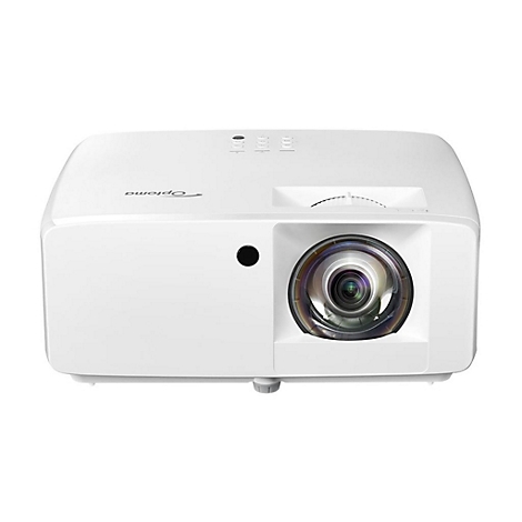 Weißer Optoma-Projektor, Frontansicht, Objektiv im Fokus.