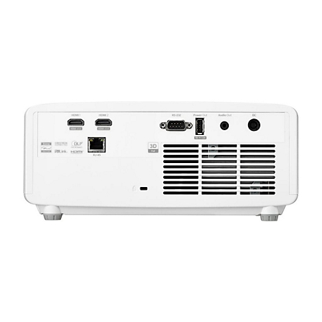 Rückseite eines weißen Projektors. Verschiedene Anschlüsse wie HDMI, RS-232, Audio Out sind erkennbar.