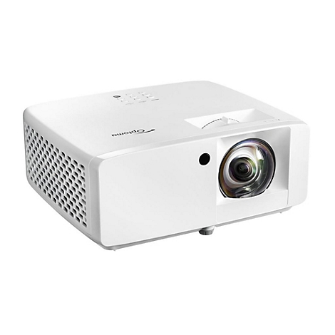 Weißer Projektor der Marke Optoma mit Objektiv, Lufteinlässen und Bedienknöpfen.