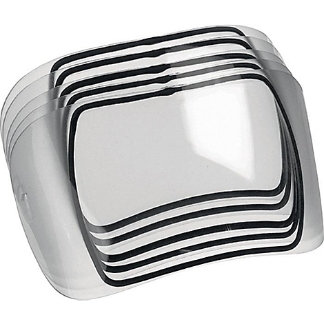 Visières de protection en plastique transparent, rectangulaires, avec bordures noires, empilées.