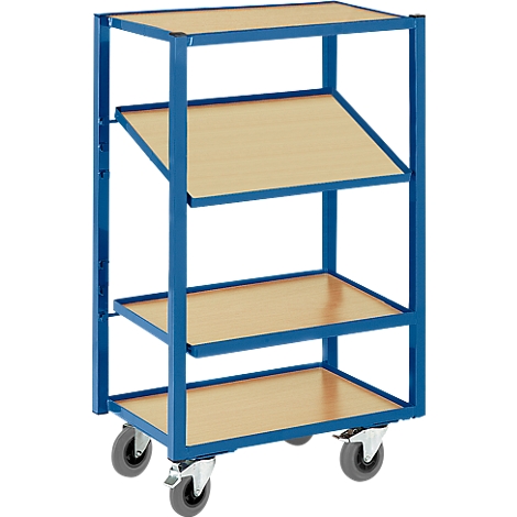 Blue serving cart with 3 wooden shelves on wheels. The second shelf is angled. The cart is in front of a white background.