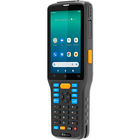 Ordinateur mobile robuste avec écran tactile et clavier physique sur fond blanc.