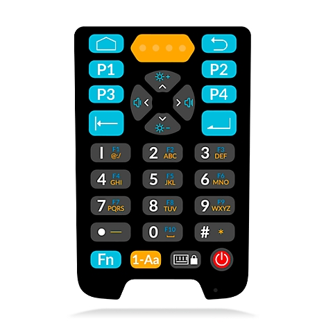 Télécommande noire avec boutons bleus et oranges et police blanche. Des chiffres, des lettres et des symboles sont affichés.