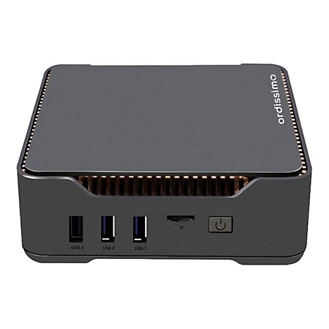Schwarzer Mini-PC mit Anschlüssen, seitlich: USB 3, USB 2, USB 1, TF-Slot und Power-Knopf. Oben: "ordissimo".