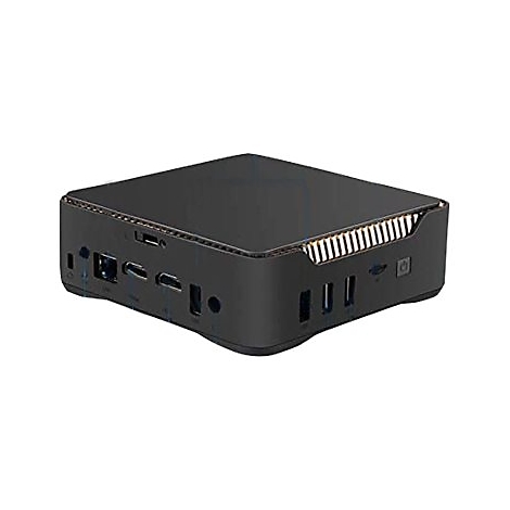 Schwarzer Mini-PC mit vielen Anschlüssen auf weißem Hintergrund.
