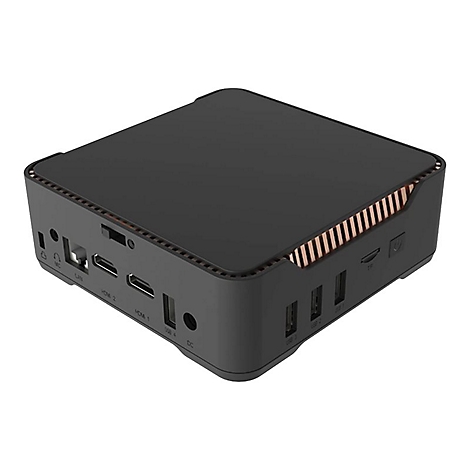 Schwarzer Mini-PC mit Anschlüssen, seitlich und hinten mit Lüftungsschlitzen. Detailansicht der Anschlüsse.