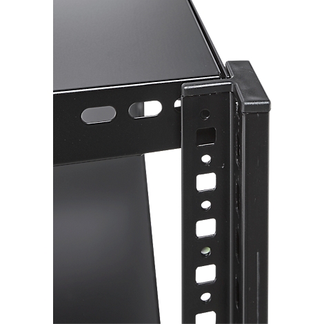 Close-up of a black server rack corner with holes and a support pillar.