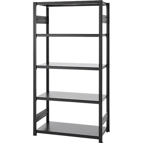 Black, free-standing shelf with five levels. Frame and shelves are made of metal.