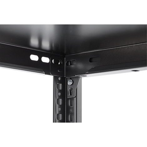 Close-up of a black metal shelf construction. Angles and connections are clearly visible.