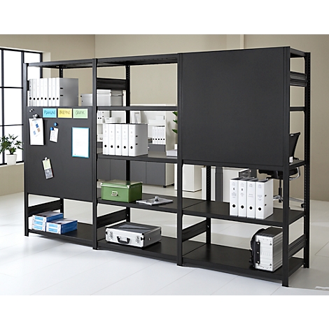 Black shelving unit with files, documents and notes. Office environment.