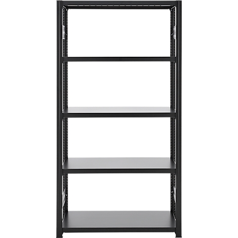 Black shelving unit with five levels, against a white background. Metal structure, simple design, for storage.