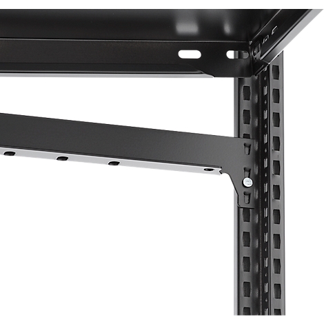 Close-up of a black shelving unit construction, with brackets and screws.