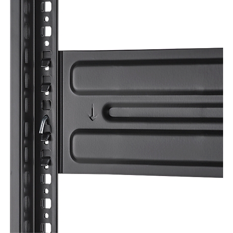 Close-up of a black metal rack bracket. Arrow indicating the direction of assembly.