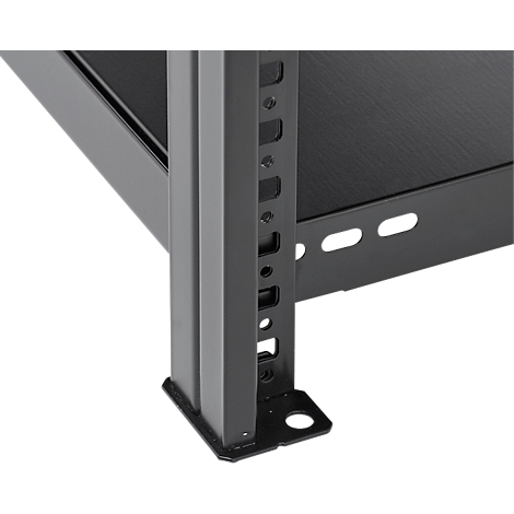 Close-up of a black metal shelf, details of the bracket and the openwork construction.