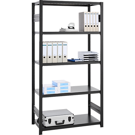 Black shelving unit with binders, stapler, paper, and briefcase. On a neutral background.