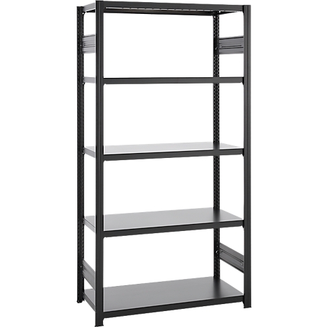 Black metal shelving unit with five levels. Ideal for storage and organization.