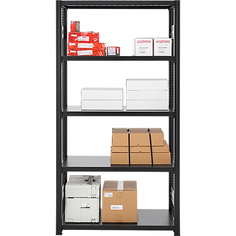 Black metal shelf with various boxes and devices. The top shelves are stocked with small boxes and cartons.